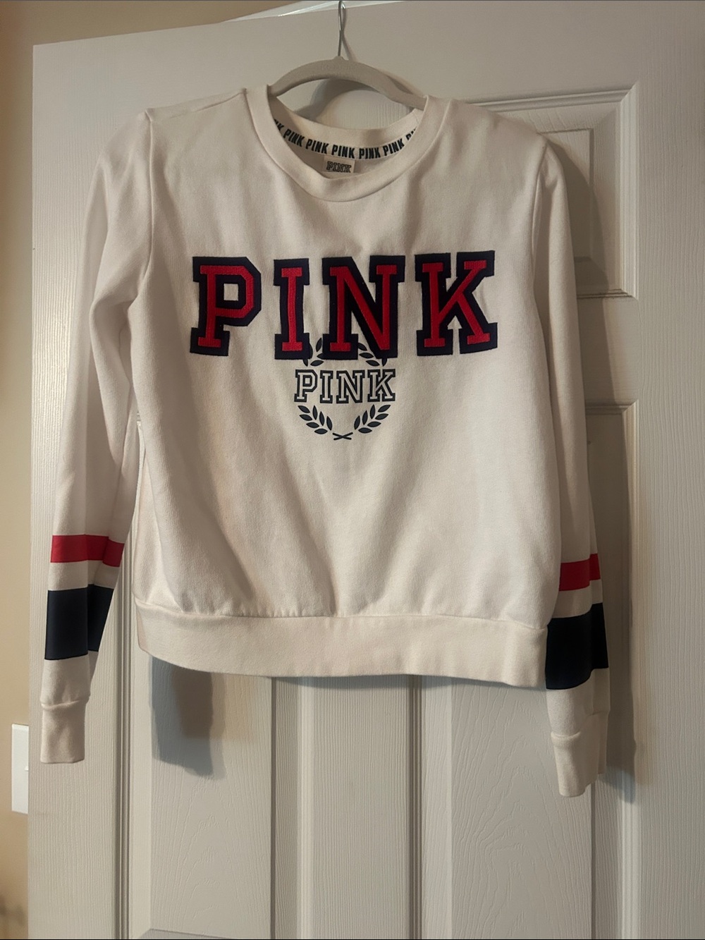 PINK Victoria's Secret White Crewneck Sweatshirt with Red & Navy Accents